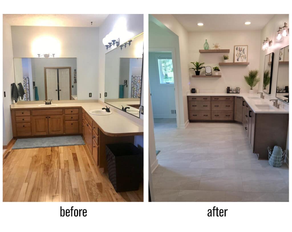bathroom sink and mirrors in a before and after comparison