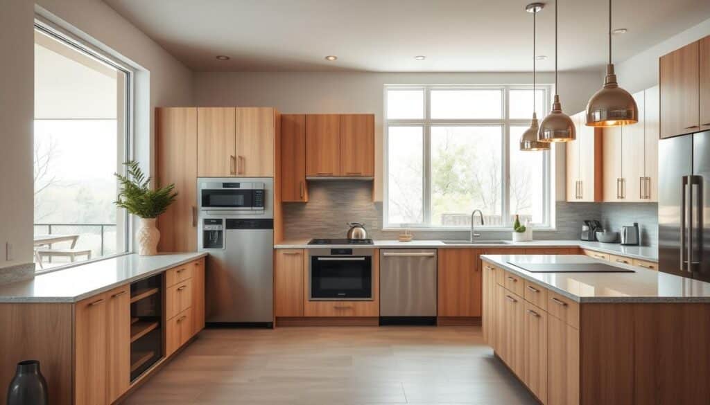 a beautifully lit kitchen interior with modern light wood cabinets, sleek stone countertops, and stainless steel appliances. the kitchen has an open, airy layout with large windows flooding the space with natural light. the floor is a neutral tile that complements the overall aesthetic. the lighting fixtures are minimalist pendants that cast a warm glow over the kitchen. the overall mood is one of clean, contemporary design that is both functional and visually appealing. the camera angle is a three-quarter view, capturing the kitchen's depth and showcasing the thoughtful material choices.