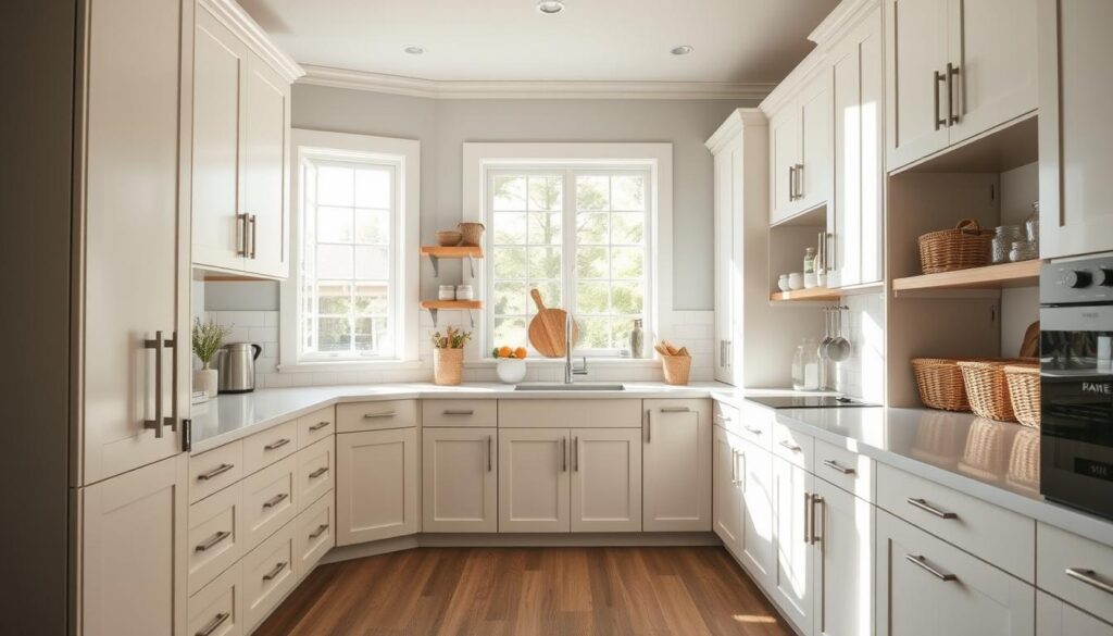 A bright, airy kitchen with custom built-in storage solutions, showcasing sleek cabinets, drawers, and shelving units in a modern farmhouse style. Warm wooden accents complement the light-colored cabinetry, creating a welcoming and organized atmosphere. Sunlight filters through large windows, casting a soft, natural glow across the meticulously arranged kitchen items, including jars, baskets, and cooking utensils. The room exudes a sense of efficiency and practicality, perfectly capturing the essence of maximizing kitchen storage in Holt, Michigan.