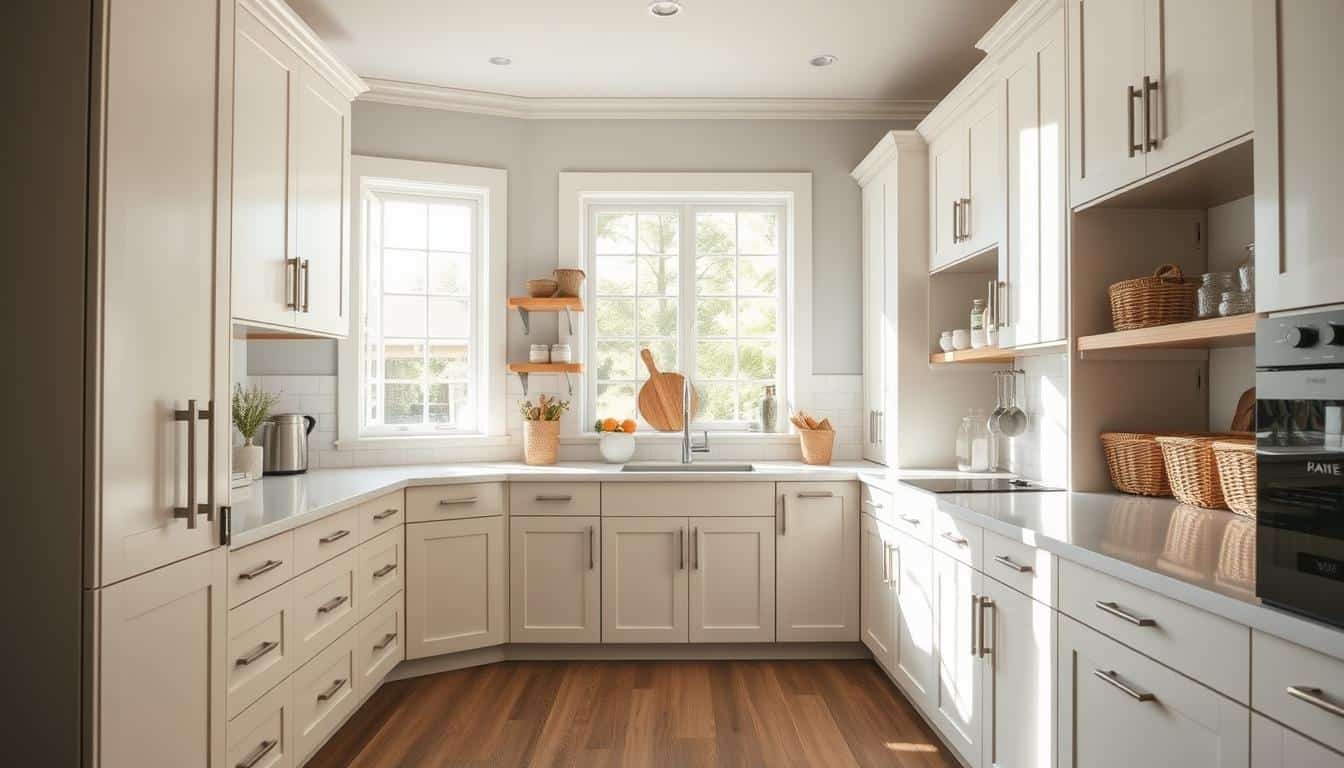 A bright, airy kitchen with custom built-in storage solutions, showcasing sleek cabinets, drawers, and shelving units in a modern farmhouse style. Warm wooden accents complement the light-colored cabinetry, creating a welcoming and organized atmosphere. Sunlight filters through large windows, casting a soft, natural glow across the meticulously arranged kitchen items, including jars, baskets, and cooking utensils. The room exudes a sense of efficiency and practicality, perfectly capturing the essence of maximizing kitchen storage in Holt, Michigan.