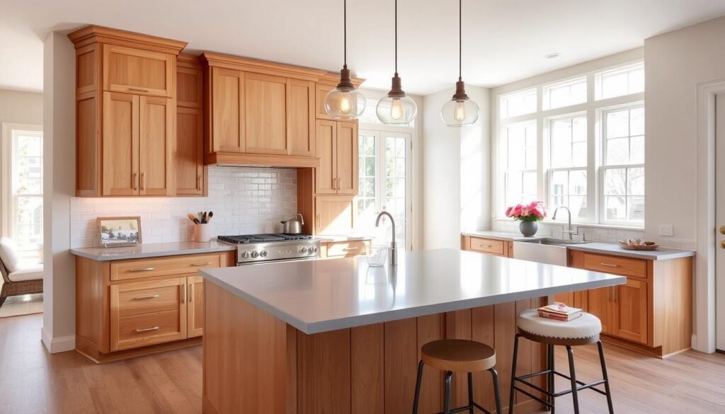 A bright, spacious kitchen with custom-designed cabinetry in a warm, natural wood finish. The countertops are a sleek, grey quartz, complemented by a backsplash of neutral-toned subway tiles. Pendant lights with clean, minimalist silhouettes hang above a large central island, providing ample workspace and seating. The kitchen is flooded with natural light streaming in through large windows, creating a welcoming and airy atmosphere. The overall design is a harmonious blend of modern and timeless elements, tailored to the homeowner's unique style and needs.