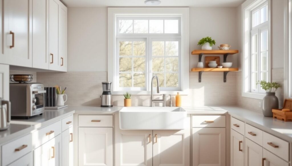 A bright, well-organized kitchen with budget-friendly upgrades. In the foreground, modern, sleek white cabinets with simple hardware. On the countertop, a mix of affordable yet stylish appliances, including a stainless steel toaster oven and a coffee maker. In the middle ground, a large, farmhouse-style sink and a vintage-inspired faucet. The backsplash features a tasteful tile pattern in neutral tones. Ample natural light streams in through large windows, creating a warm, inviting atmosphere. The overall mood is one of practical sophistication, showcasing how thoughtful design choices can transform a kitchen without breaking the bank.