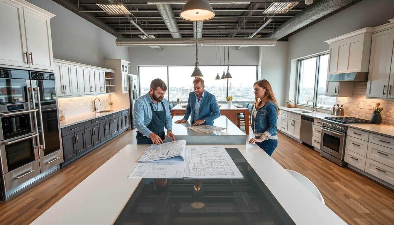 A brightly lit, well-appointed kitchen showroom in Holt, MI. In the foreground, a team of professional kitchen remodelers discuss design options with a customer, gesturing to detailed plans laid out on a sleek, modern table. Behind them, rows of high-end cabinets, countertops, and appliances are artfully displayed, showcasing the latest trends and materials. The middle ground features a fully-realized kitchen vignette, complete with stainless steel appliances, quartz countertops, and a farmhouse-style sink. In the background, large windows offer a glimpse of the city outside, suggesting the seamless integration of indoor and outdoor living spaces. The overall atmosphere conveys the expertise, creativity, and attention to detail that characterizes the design process at American Home. - kitchen remodeling contractor Lansing MI