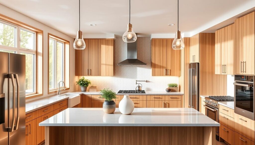 A contemporary kitchen interior with clean lines, natural wood tones, and sleek stainless steel appliances. The layout features a spacious central island with pendant lighting overhead, while large windows flood the space with warm, diffused daylight. The backsplash showcases a subtle geometric tile pattern, complementing the minimalist cabinetry. Potted plants and a simple, modern vase on the countertop add a touch of organic elegance. The overall atmosphere conveys a harmonious blend of functionality and design-forward sensibilities, suitable for a professional kitchen redesign service in East Lansing, MI.