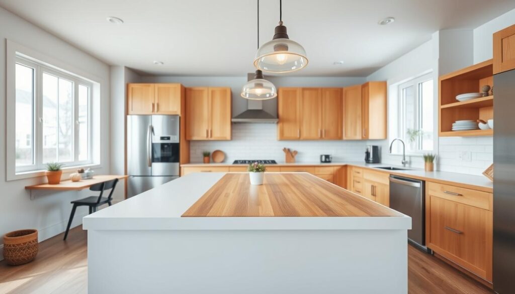 A cozy and inviting kitchen with a modern, affordable design. The foreground features a sleek white kitchen island with a butcher block countertop, complemented by minimalist pendant lights overhead. In the middle ground, wooden cabinetry in a warm, natural tone lines the walls, providing ample storage space. The background showcases a bright, airy atmosphere, with large windows allowing natural light to flood the room. The overall mood is one of simplicity, functionality, and a touch of rustic charm, creating a welcoming and comfortable space for everyday cooking and gathering.