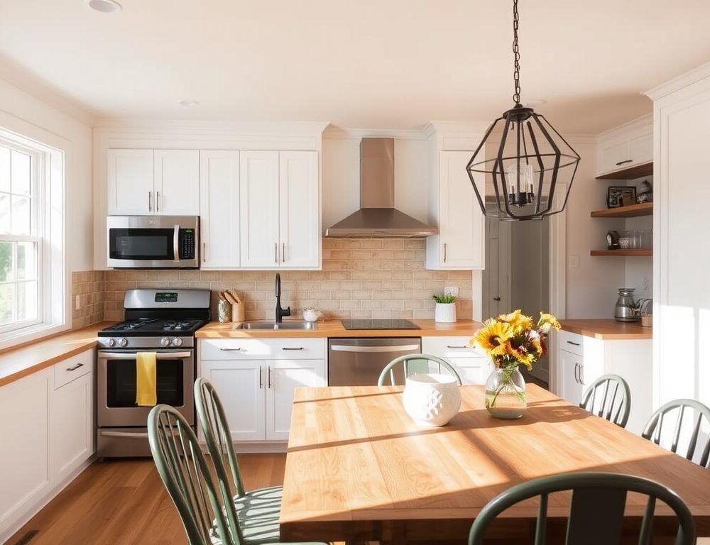 A cozy and inviting small kitchen design in Holt, Michigan, bathed in warm, natural lighting that filters through large windows. The space features sleek, white cabinetry with minimal hardware, complemented by butcher block countertops and a farmhouse-inspired backsplash. A modern, stainless steel appliance suite provides functionality, while a rustic wooden dining table with mismatched chairs creates a charming, eclectic vibe. Recessed lighting casts a soft glow, and a vintage-inspired pendant fixture hangs above the dining area, completing the harmonious blend of old and new. The overall atmosphere is one of calm, comfort, and timeless elegance, capturing the essence of a thoughtfully designed small kitchen renovation. Kitchen Renovation Contractor Lansing MI