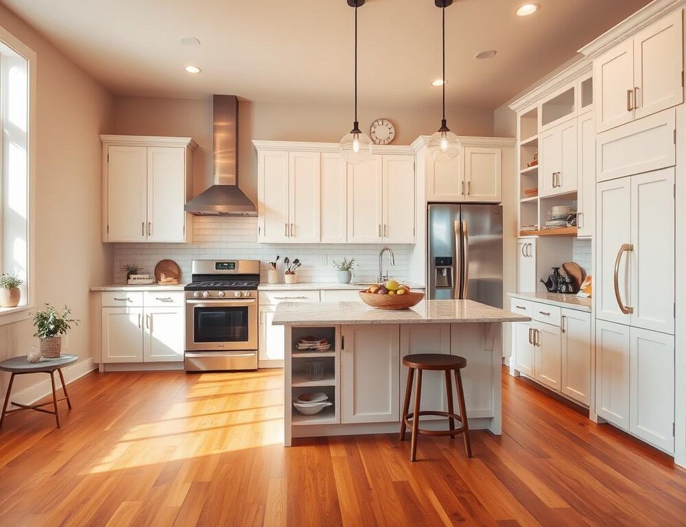 A cozy and well-designed small kitchen in Holt, MI. The spacious hardwood flooring in warm honey tones creates a seamless flow, complementing the modern white cabinetry and stainless steel appliances. Abundant natural light filters through the large window, casting a soft glow on the sleek quartz countertops. Strategically placed pendant lights above the island provide targeted illumination, while a mix of open shelving and closed storage maximize the limited space. The overall atmosphere is one of efficiency and elegance, showcasing how thoughtful design can transform a compact kitchen into a functional and inviting hub. - designs for kitchen remodeling Lansing MI - Kitchen Remodel Contractor Lansing MI