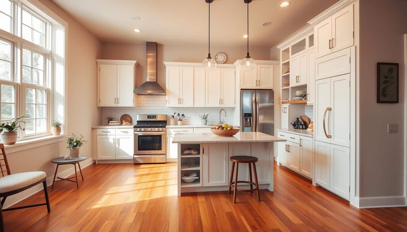 A cozy and well-designed small kitchen in Holt, MI. The spacious hardwood flooring in warm honey tones creates a seamless flow, complementing the modern white cabinetry and stainless steel appliances. Abundant natural light filters through the large window, casting a soft glow on the sleek quartz countertops. Strategically placed pendant lights above the island provide targeted illumination, while a mix of open shelving and closed storage maximize the limited space. The overall atmosphere is one of efficiency and elegance, showcasing how thoughtful design can transform a compact kitchen into a functional and inviting hub. - designs for kitchen remodeling Lansing MI