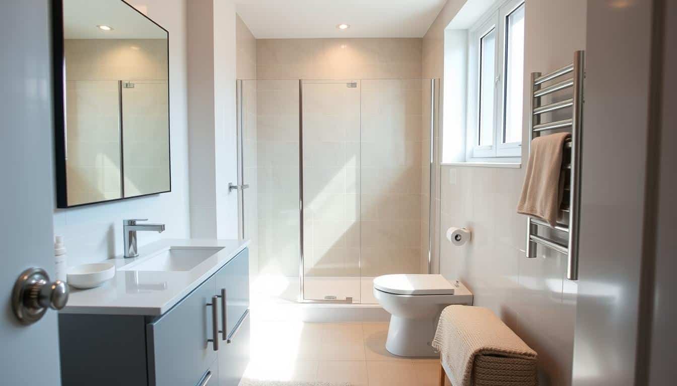 A cozy, well-lit bathroom with a modern, affordable design. The foreground features a sleek vanity with a minimalist sink and fixtures, complemented by a large mirror that reflects the natural light streaming in from the window. The middle ground showcases a simple yet elegant shower enclosure, while the background reveals a clean, tiled floor and neutral-toned walls, creating a harmonious and inviting atmosphere. The lighting is soft and warm, adding to the overall sense of comfort and practicality, showcasing the practical yet stylish nature of an affordable bathroom renovation in Holt. - Bathroom Sink Vanities Holt MI