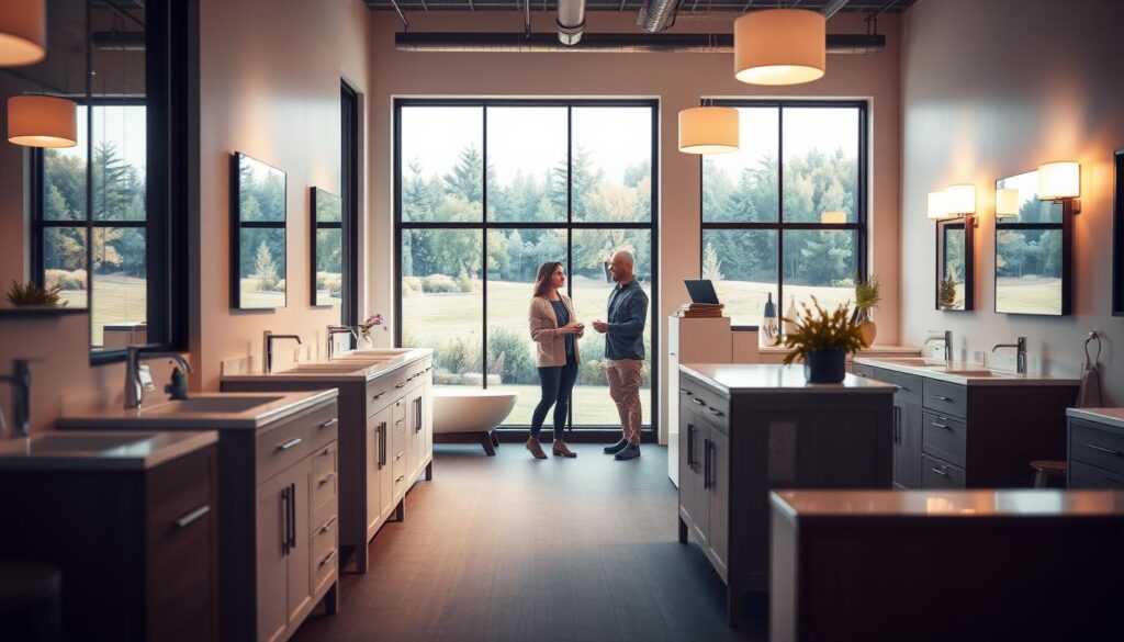 A cozy, well-lit modern bathroom vanity showroom in Holt, Michigan. Sleek, minimalist vanity units line the foreground, showcasing a variety of finishes and designs. Soft, diffused lighting from overhead fixtures casts a warm, inviting glow, accentuating the clean lines and elegant details of the displays. In the middle ground, a team of design experts discusses layout options with a homeowner, offering personalized guidance. The background features large windows overlooking a lush, landscaped outdoor scene, creating a sense of tranquility and connection to nature.