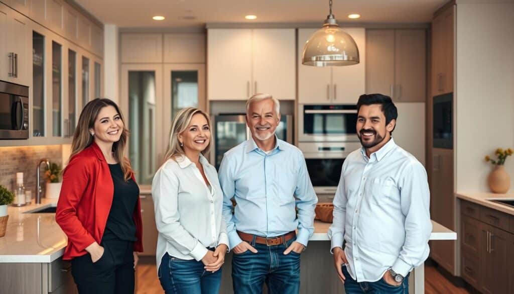 A group of kitchen renovation experts standing in a well-lit, modern kitchen showroom. They are dressed professionally and engaged in conversation, showcasing their expertise and friendly demeanor. The showroom features high-end cabinetry, countertops, and appliances, creating a visually appealing and aspirational setting. Soft, directional lighting illuminates the scene, highlighting the experts' faces and the fine details of the kitchen design. The composition emphasizes the team's collaborative nature, with the experts positioned at various angles to suggest a dynamic, interactive environment. An overall sense of warmth, professionalism, and attention to detail pervades the image.