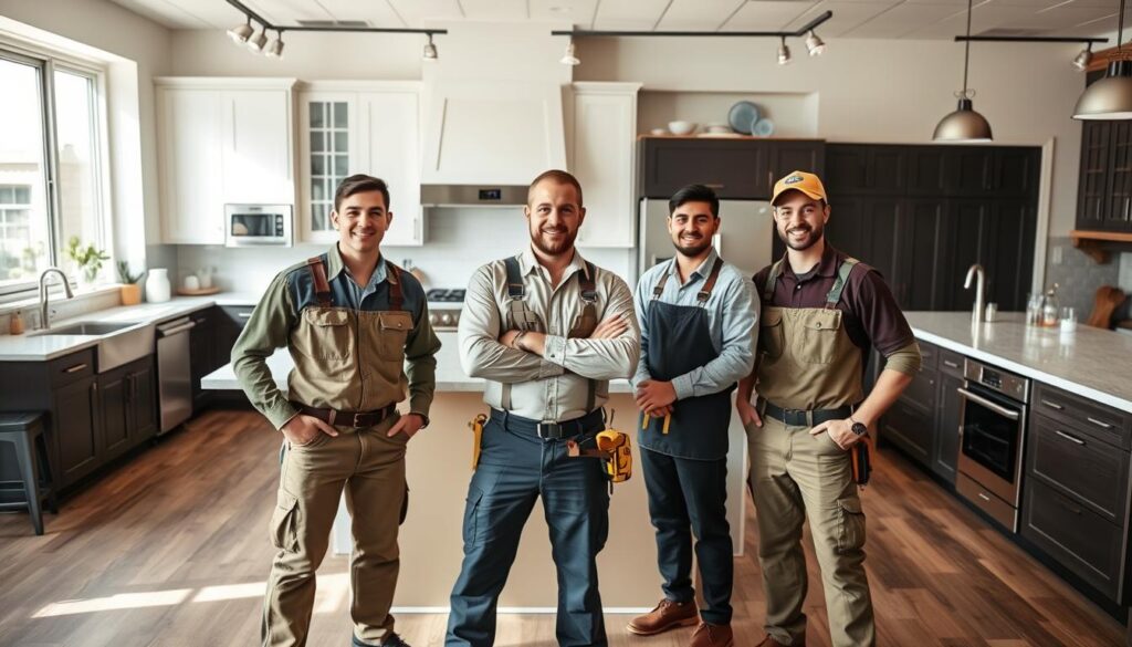 A group of professional kitchen remodelers standing in a modern, well-lit kitchen showroom in Lansing, MI. The foreground features three skilled remodelers in work uniforms, posing confidently with their tools and measuring tapes. The middle ground showcases a range of custom cabinetry, gleaming countertops, and high-end appliances, highlighting their expertise. The background depicts the company's logo and branding, conveying a sense of reliability and quality craftsmanship. The lighting is soft and natural, creating a warm, inviting atmosphere that showcases the remodelers' attention to detail and dedication to their craft.