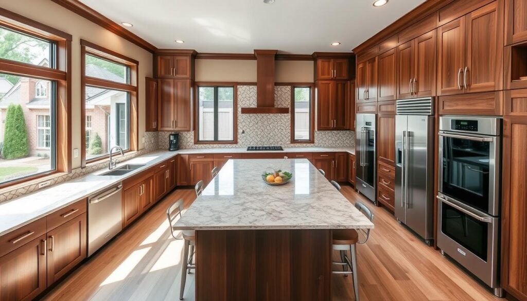 a large, modern kitchen with custom-designed cabinetry and countertops in a warm, inviting color palette of rich wood tones and muted earth hues. The kitchen features high-end stainless steel appliances, a spacious center island with bar seating, and ample natural light streaming in through large windows overlooking a well-manicured backyard. The kitchen layout is open and ergonomic, with a seamless flow between the cooking, dining, and living areas. The overall atmosphere is one of elegance, functionality, and attention to detail, reflecting the craftsmanship and personalized design elements that define the "American Home" kitchen remodeling experience.