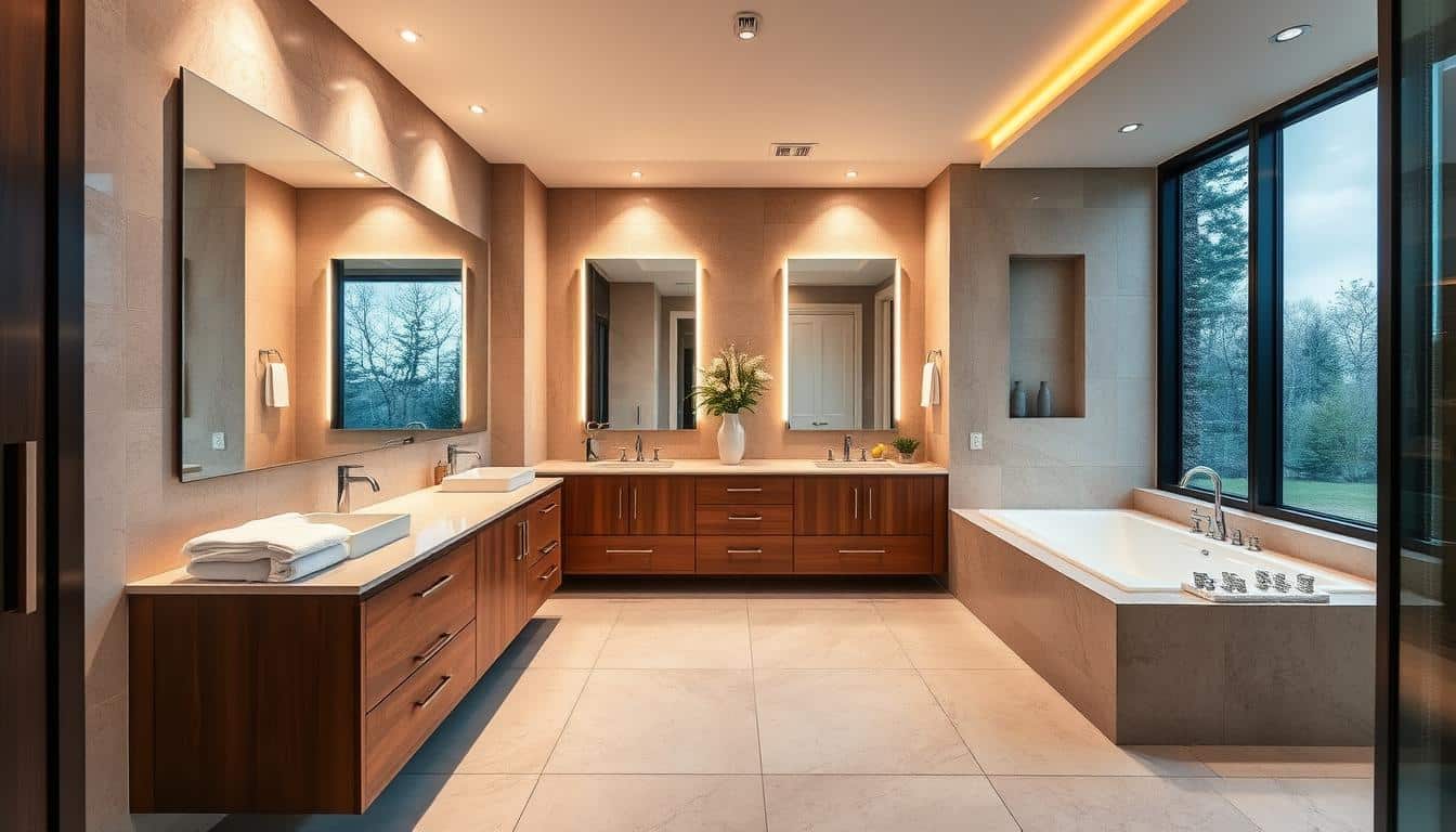A luxurious bathroom interior in Holt, Michigan, showcasing a premium double sink vanity. The vanity is crafted from high-quality wood, with a sleek, modern design that complements the elegant tile flooring and walls. Warm, recessed lighting casts a soft glow, creating a spa-like ambiance. Large, frameless mirrors above the sinks reflect the natural light streaming in from the large windows, adding to the sense of spaciousness. Plush towels and carefully curated decor elements complete the sophisticated, yet inviting atmosphere, highlighting the attention to detail that sets American Home apart. - How Long Does Kitchen Renovation Take? - Kitchen Remodel Lansing MI