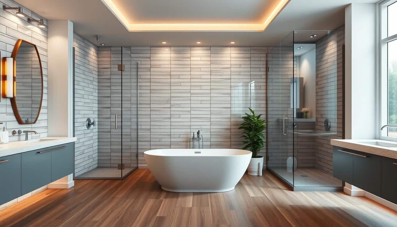 A meticulously designed bathroom with a modern, luxurious aesthetic. The focal point is a sleek, freestanding bathtub surrounded by elegant subway tile walls and a large, frameless glass shower enclosure. Recessed lighting casts a warm, ambient glow, while a stylish vanity with a quartz countertop and undermount sink creates a spa-like feel. Lush greenery, such as a potted plant, adds a touch of nature. The flooring is a sophisticated hardwood or high-quality tile, and the overall atmosphere is one of relaxation and sophistication.