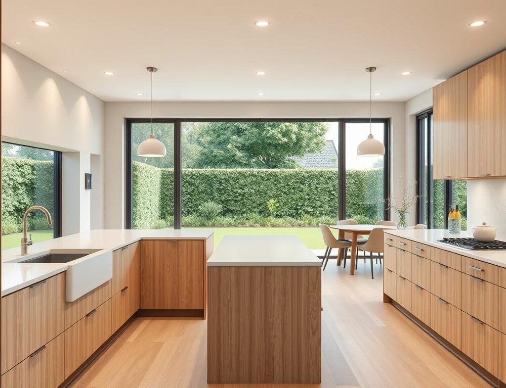 A meticulously designed modern kitchen in a warm, inviting tone. In the foreground, a detailed 3D visualization of the space showcases sleek, minimalist cabinetry in a light wood grain, complemented by quartz countertops and a farmhouse-style sink. The middle ground features an open concept layout, with a central island providing ample workspace and a breakfast bar. Soft, diffused lighting from recessed fixtures and pendant lamps creates a cozy ambiance. In the background, large windows overlook a lush, well-manicured garden, blending the indoor and outdoor spaces seamlessly.