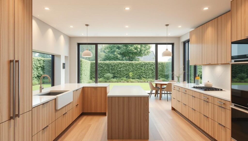 A meticulously designed modern kitchen in a warm, inviting tone. In the foreground, a detailed 3D visualization of the space showcases sleek, minimalist cabinetry in a light wood grain, complemented by quartz countertops and a farmhouse-style sink. The middle ground features an open concept layout, with a central island providing ample workspace and a breakfast bar. Soft, diffused lighting from recessed fixtures and pendant lamps creates a cozy ambiance. In the background, large windows overlook a lush, well-manicured garden, blending the indoor and outdoor spaces seamlessly.