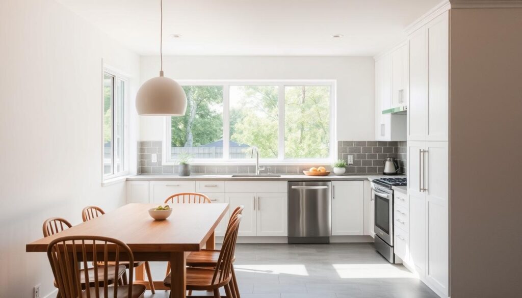 A minimalist kitchen in Holt, MI, bathed in soft, natural light. The space features clean, white cabinetry, accented by muted gray tiles that create a cohesive, calming color scheme. A large window overlooks a lush, verdant backyard, blurring the boundaries between indoor and outdoor living. Sleek, stainless steel appliances blend seamlessly into the design, while a simple, wooden dining table and chairs complete the understated elegance. The room exudes a sense of spaciousness, with a focus on functionality and simplicity that makes the most of the available square footage.