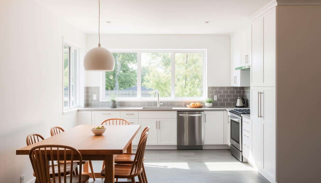 A minimalist kitchen in Holt, MI, bathed in soft, natural light. The space features clean, white cabinetry, accented by muted gray tiles that create a cohesive, calming color scheme. A large window overlooks a lush, verdant backyard, blurring the boundaries between indoor and outdoor living. Sleek, stainless steel appliances blend seamlessly into the design, while a simple, wooden dining table and chairs complete the understated elegance. The room exudes a sense of spaciousness, with a focus on functionality and simplicity that makes the most of the available square footage. - Kitchen Pantry Cabinet Holt MI