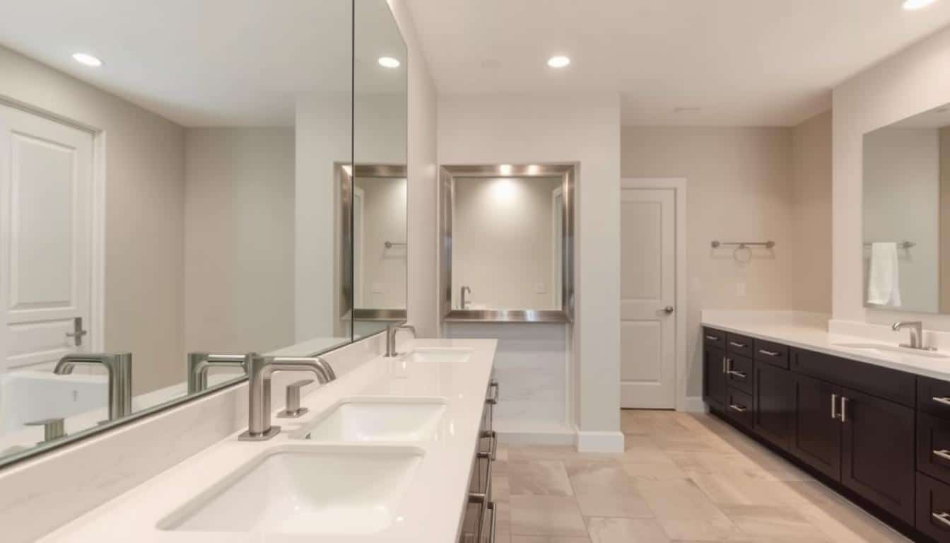 A modern bathroom renovation in Holt, Michigan, showcasing a spacious double sink vanity. The foreground features a sleek, contemporary vanity with dual sinks, high-end fixtures, and plenty of storage space. The middle ground includes a large mirror framed in brushed metal, creating a sense of depth and light. In the background, the room is illuminated by recessed lighting, casting a warm, inviting glow. The overall atmosphere is one of sophistication and attention to detail, reflecting the American Home's vision of creating premium, functional bathrooms that enhance the living experience. - Double Sink Vanities for Bathroom Lansing MI