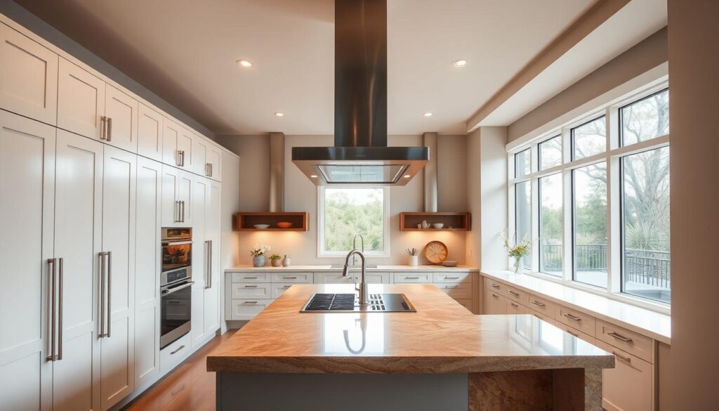 A modern kitchen with clean lines and sleek cabinets in a neutral palette. The focal point is a large, stainless steel range hood suspended from the ceiling, casting a warm, inviting glow. Integrated appliances and minimalist hardware create a cohesive, high-end aesthetic. The kitchen island features a waterfall countertop design in a rich, natural stone. Abundant natural light filters in through large windows, highlighting the textural qualities of the materials. Subtle pops of color in the form of accent lighting and décor infuse the space with personality. An airy, open layout promotes easy movement and functionality, reflecting the thoughtful design solutions of American Home.