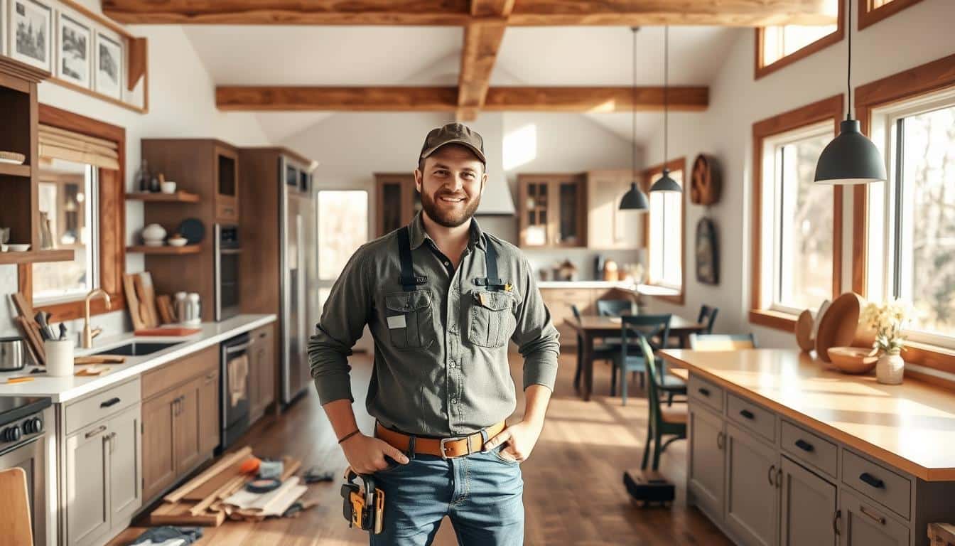 A modern kitchen with warm, rustic charm. The room is filled with natural light, streaming in through large windows. In the foreground, a skilled contractor, Holt MI's finest, stands proudly amid his tools and materials, ready to transform this space. The middle ground showcases a beautifully designed kitchen layout, with sleek cabinets, quartz countertops, and high-end appliances. In the background, a cozy dining area hints at the welcoming atmosphere to come. The overall scene conveys the contractor's expertise, attention to detail, and commitment to delivering exceptional kitchen renovations that seamlessly blend form and function. - How Long Does Kitchen Renovation Take?