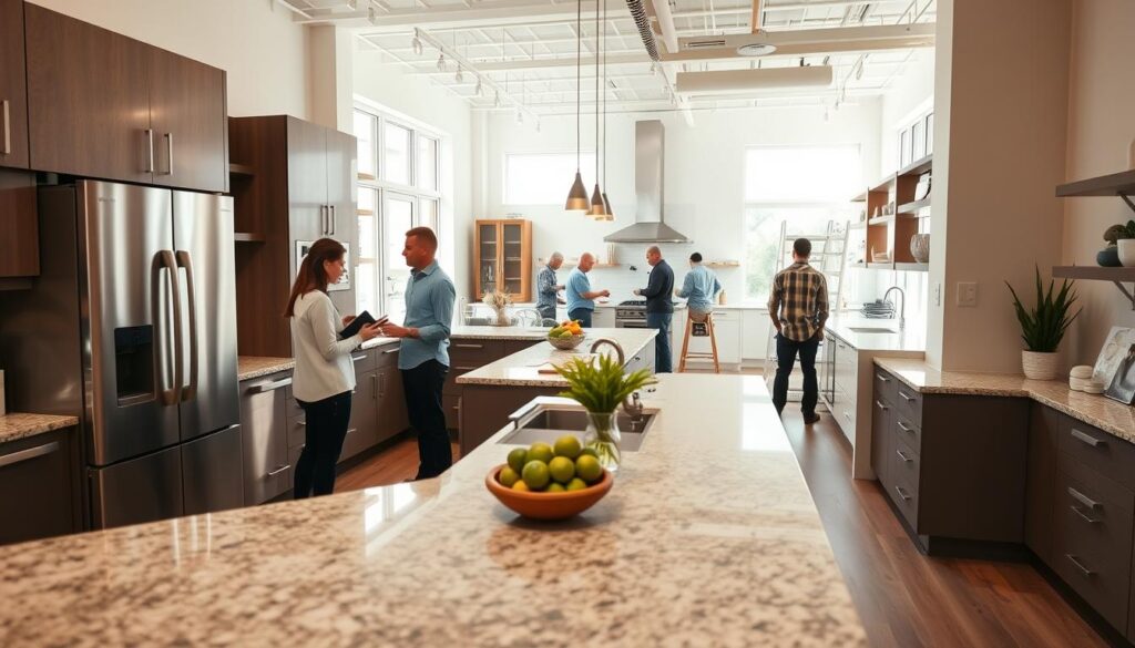 A modern, well-appointed professional kitchen renovation company showroom, with sleek stainless steel appliances, granite countertops, and custom cabinetry in a neutral color palette. The space is bathed in warm, natural lighting from large windows, creating a bright, inviting atmosphere. In the foreground, a designer consults with a client, discussing layout options and material samples. In the middle ground, a team of skilled carpenters and electricians work diligently, demonstrating their expertise. The background features a display of finished kitchen projects, showcasing the company's attention to detail and high-quality workmanship.