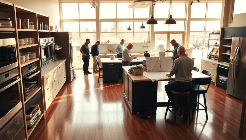 A modern, well-equipped kitchen remodeling contractor's office in Holt, Michigan, serving the greater Lansing area. The interior is bathed in warm, natural light filtering through large windows, reflecting off gleaming hardwood floors. Display shelves showcase a range of high-quality kitchen appliances and finishes, while a central workstation is adorned with architectural plans and design sketches. In the background, a team of skilled contractors can be seen collaborating on a renovation project, their professionalism and attention to detail evident in their actions. The overall atmosphere conveys a sense of expertise, innovation, and a commitment to delivering exceptional kitchen remodeling services to the local community.