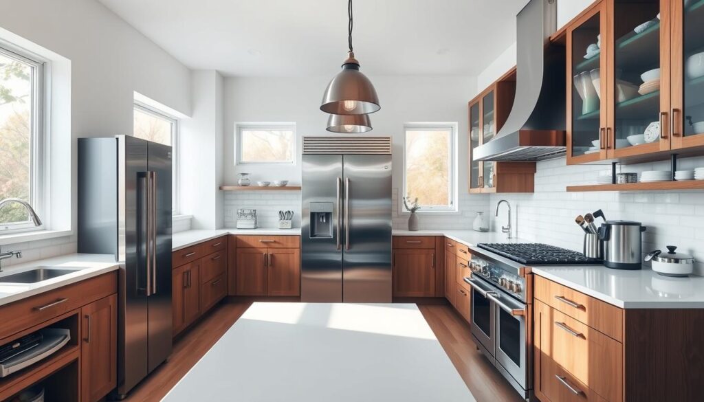 A modern, well-equipped kitchen with sleek stainless steel appliances, including a spacious double-door refrigerator, a commercial-grade gas stove with a large oven, and a powerful range hood. The countertops are made of pristine white quartz, complemented by a subway tile backsplash in a neutral tone. Abundant natural light streams in through large windows, illuminating the space and highlighting the clean, minimalist design. The kitchen features ample storage with a combination of open shelving and streamlined cabinetry in a warm, wood-toned finish. A central island provides additional workspace and seating, with pendant lighting fixtures adding a touch of industrial chic. The overall atmosphere is one of functionality, efficiency, and timeless sophistication.
