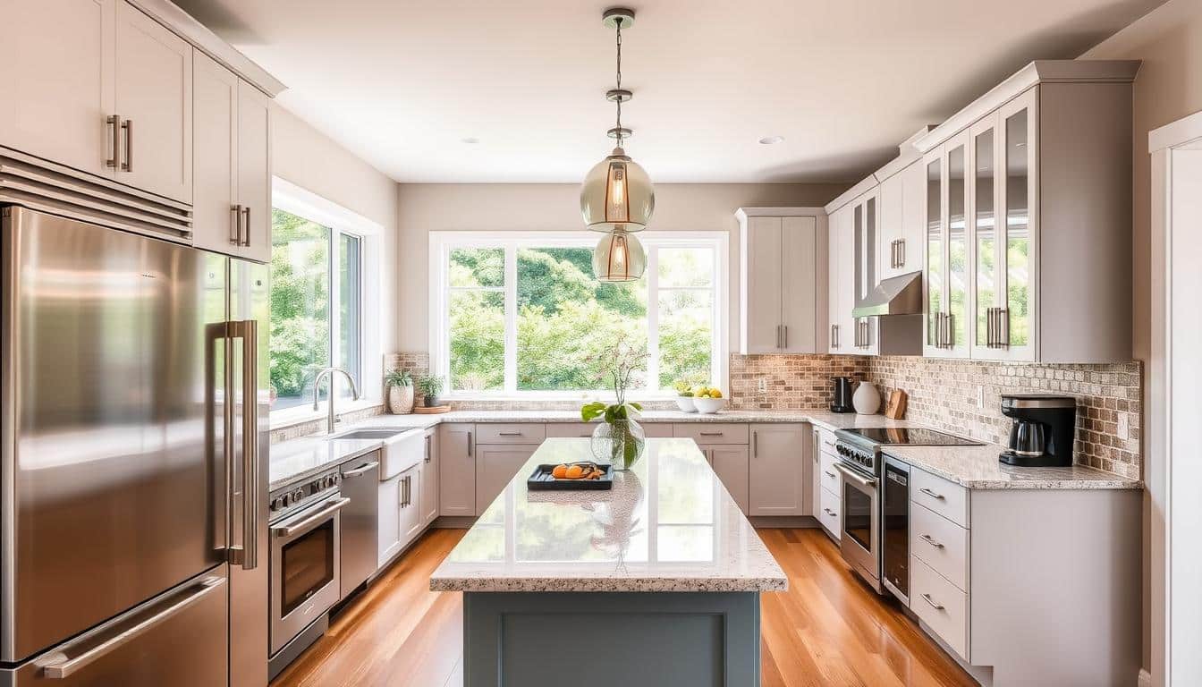 a modern, well-equipped kitchen with stainless steel appliances, sleek cabinetry, and a large central island. the lighting is bright and natural, with large windows overlooking a lush garden. the color palette is a mix of warm neutrals and pops of color, creating a welcoming and inviting atmosphere. the layout is spacious and efficient, with ample counter space and storage options. various customization options are showcased, including custom backsplash tiles, unique pendant lights, and a built-in coffee station. the scene conveys a sense of functionality, style, and personal touch, reflecting the expertise of the kitchen renovation services. - kitchen island with seating Holt MI