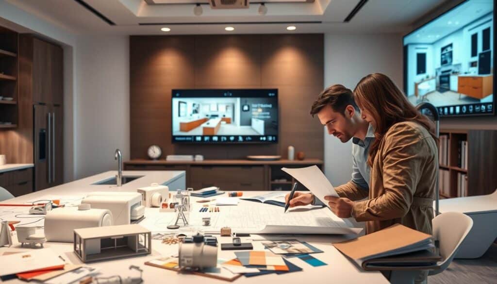 A modern, well-lit kitchen and bathroom design studio, with various design elements and tools scattered across a large table. In the foreground, an architect or designer examines blueprints and sketches, deep in thought. In the middle ground, 3D models, color swatches, and material samples are neatly arranged, showcasing the breadth of design options. The background features a large digital screen displaying a virtual tour of a completed kitchen and bathroom remodel, highlighting the attention to detail and expert craftsmanship. Soft, directional lighting casts a warm, professional glow, creating an atmosphere of creativity and precision.