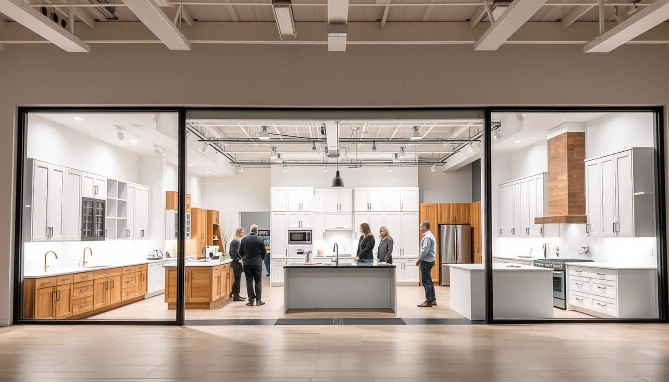 A modern, well-lit kitchen cabinet store in Holt, Michigan. The storefront has large, inviting windows showcasing a selection of premium kitchen cabinets in a variety of styles and finishes. The interior is bright and airy, with high ceilings and a spacious showroom layout. Customers can browse the display models, interacting with the knowledgeable sales staff. Sleek, minimalist cabinetry in warm wood tones and crisp white shades lines the walls, complemented by stainless steel appliances and quartz countertops. The overall atmosphere is one of professionalism, quality, and attention to detail, reflecting the store's commitment to providing top-notch kitchen solutions to the Holt community. - How Long Does Kitchen Renovation Take? - Kitchen Remodel Lansing MI