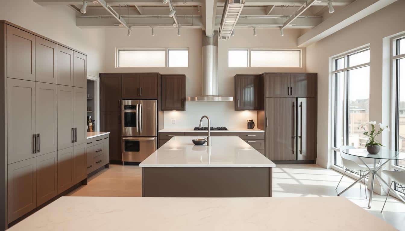 A modern, well-lit kitchen showroom of a Holt, Michigan-based kitchen remodeling company. The foreground features sleek, minimalist kitchen cabinets in a neutral color palette, accentuated by subtle hardware and recessed lighting. In the middle ground, a large kitchen island with a quartz countertop takes center stage, surrounded by high-end stainless steel appliances. The background showcases floor-to-ceiling windows, allowing natural light to flood the space and creating a bright, airy atmosphere. The overall scene conveys a sense of sophistication, attention to detail, and the company's commitment to quality craftsmanship and customer satisfaction. - Kitchen Cabinets Waverly MI