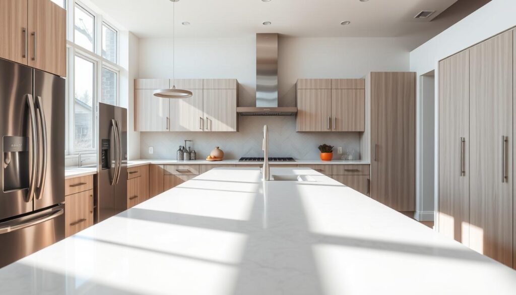 A modern, well-lit kitchen with clean lines and minimalist design. In the foreground, gleaming stainless steel appliances, including a sleek refrigerator and a professional-grade range. In the middle ground, a large central island with a quartz countertop, providing ample prep space and seating. The backsplash features a subtle geometric pattern in muted tones that complements the light wood cabinetry. Natural light streams in through large windows, casting a warm glow on the space. The overall atmosphere is one of sophistication and functionality, inspiring a seamless kitchen renovation.