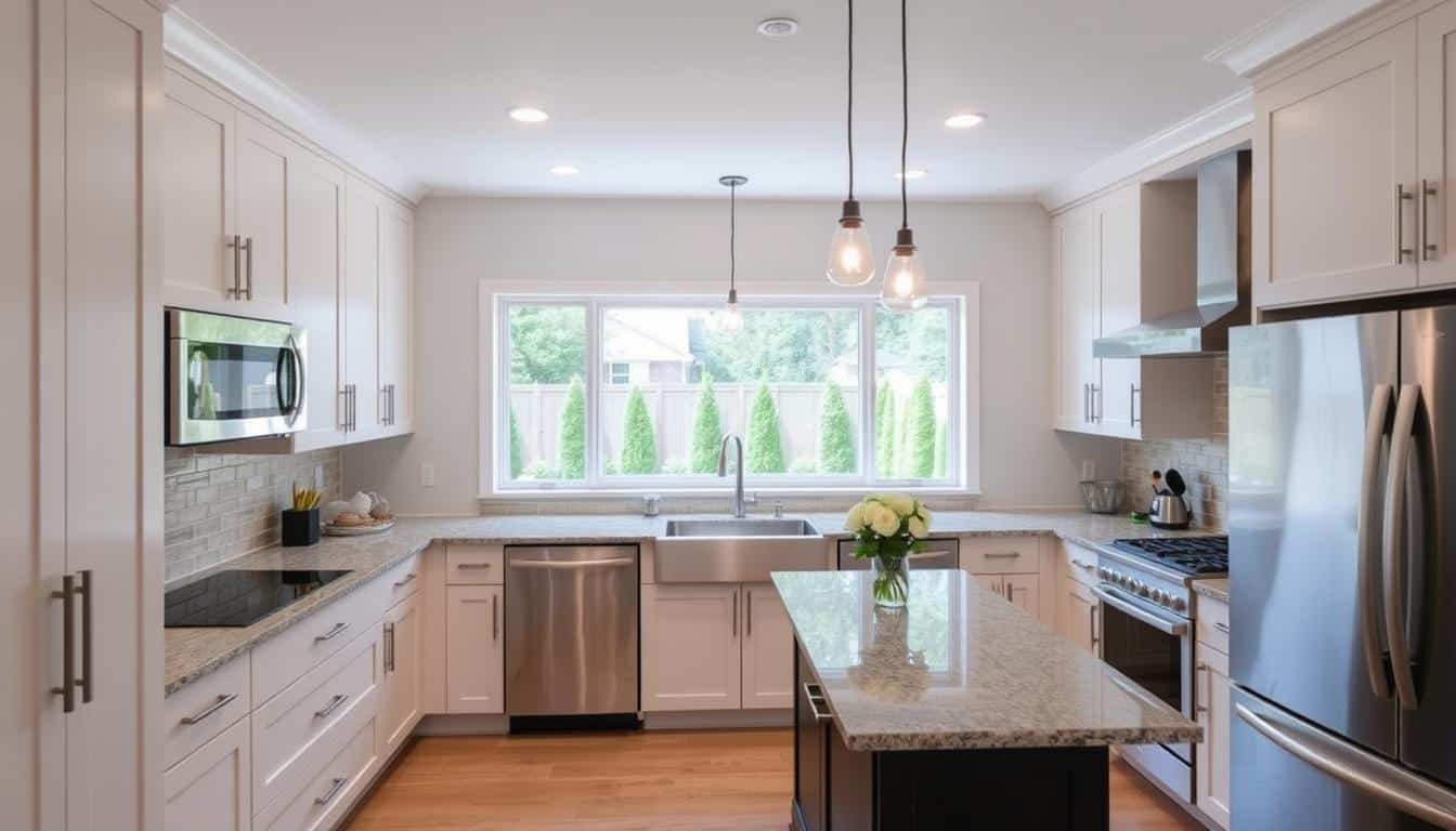 A modern, well-lit kitchen with sleek cabinets, granite countertops, and stainless steel appliances. The focal point is a large window overlooking a well-manicured backyard, allowing natural light to flood the space. The kitchen island is adorned with pendant lights, and the tile backsplash complements the overall design. The scene conveys a sense of spaciousness, functionality, and contemporary style, reflecting the expertise of a Holt, MI kitchen remodeling contractor. - Kitchen renovation Holt MI