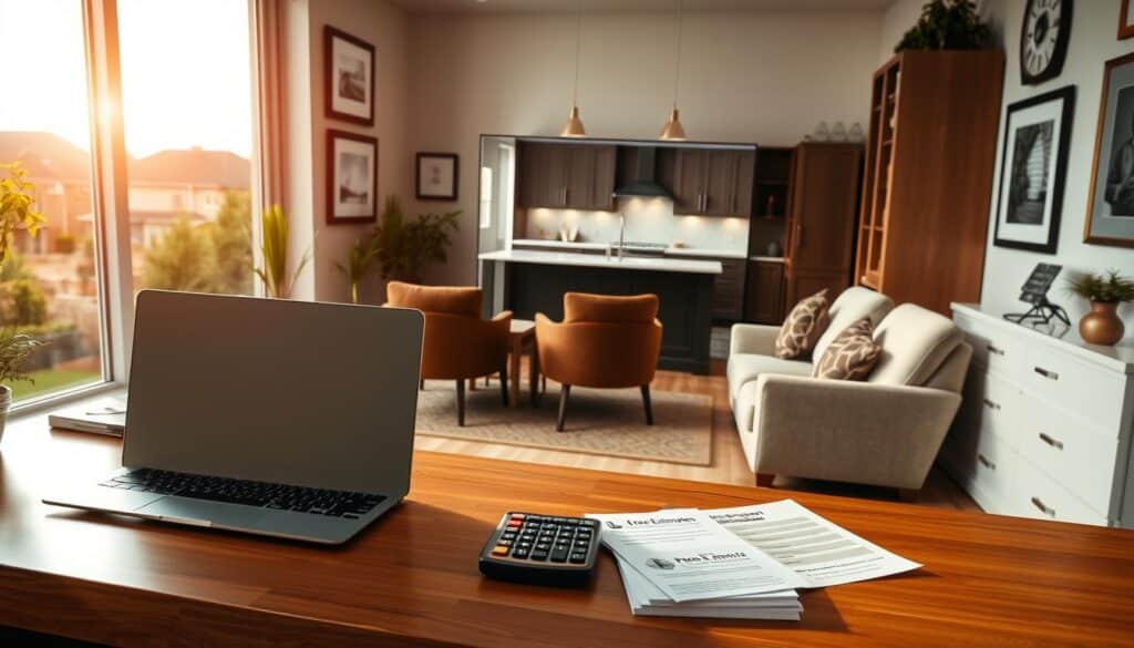 A professional kitchen remodeling service provider's office, with a warm and inviting atmosphere. In the foreground, a wooden desk features a laptop, calculator, and a stack of documents titled "Free Estimates". Behind it, a large window overlooking a picturesque suburban neighborhood, bathed in soft, natural light. On the walls, tasteful decor such as framed certificates and awards showcase the company's expertise. The middle ground features a comfortable seating area with plush chairs, where clients can discuss their renovation plans. In the background, a sleek, modern kitchen design is displayed on a large monitor, inspiring potential customers.