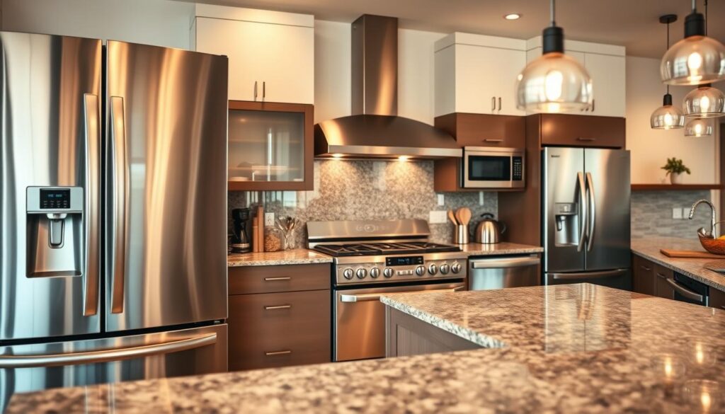 A sleek and modern kitchen interior, filled with a variety of high-end appliances. In the foreground, a stainless steel refrigerator with a French door design stands tall, its gleaming surface reflecting the warm, natural lighting from large windows. Nearby, a state-of-the-art gas range with a professional-grade oven takes center stage, surrounded by gleaming, granite-topped countertops. In the middle ground, a sleek, built-in microwave and a stylish, stainless steel dishwasher complement the overall aesthetic. The background features pendant lighting fixtures that cast a soft, ambient glow, creating a welcoming and inviting atmosphere in this meticulously designed kitchen.