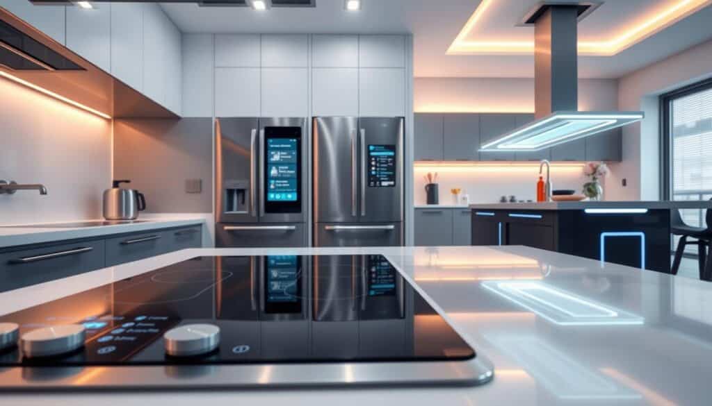 A sleek, modern kitchen with cutting-edge appliances and innovative technology. In the foreground, a high-tech stovetop with digital controls and auto-sensing cookware. In the middle ground, a smart refrigerator with touchscreen display, voice commands, and advanced climate control. In the background, a futuristic kitchen island with integrated charging ports, wireless connectivity, and a holographic recipe projector. The lighting is a mix of warm, ambient glow and crisp, directional task lighting, creating a balanced, high-tech atmosphere. Capture this kitchen of the future with a wide-angle lens, highlighting the seamless integration of technology and design.