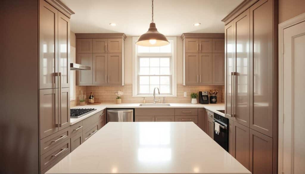 A small, cozy kitchen in Lansing, Michigan, bathed in warm, natural light filtering through large windows. The space is expertly remodeled, featuring sleek, modern cabinetry in a muted palette that complements the neutral tile backsplash. A central island with a smooth quartz countertop provides ample prep space and doubles as a casual dining area. Strategically placed task lighting illuminates the cooking zone, while a pendant light fixture casts a soft, ambient glow over the entire room. The overall atmosphere is one of efficiency and sophistication, reflecting the homeowner's desire to enhance the functionality of their kitchen.