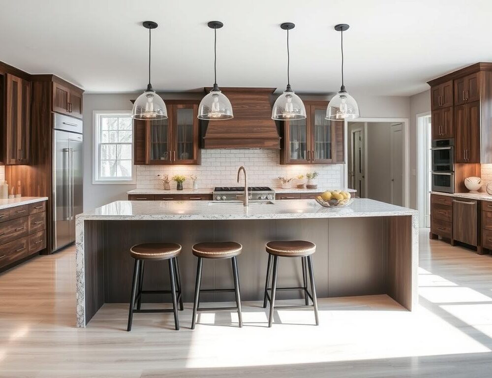 A spacious, well-lit kitchen with a custom-designed island taking center stage. The island features a sleek, granite countertop and a waterfall edge, complemented by a mix of modern and rustic cabinetry. The island offers ample seating, with four comfortable stools tucked neatly underneath. Warm, diffused lighting from pendant fixtures creates a cozy, inviting atmosphere, while large windows allow natural light to flood the space. The surrounding cabinets and backsplash showcase a harmonious blend of textures and finishes, showcasing the homeowner's personal style. The overall scene reflects a perfect balance of functionality and aesthetic appeal, making it an ideal centerpiece for a modern, customized kitchen.