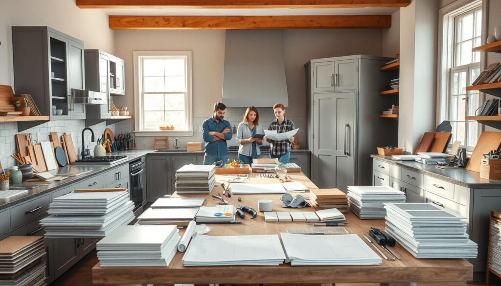 A spacious, well-lit kitchen with natural light streaming in through large windows. Countertops and cabinets are covered in neatly arranged tools, materials, and blueprints, indicating the preparation phase of a remodel. The color palette is muted and earthy, with warm wooden accents and subtle gray tones. A central workbench dominates the foreground, surrounded by stacks of tile samples, paint swatches, and hardware options. In the background, a group of thoughtful homeowners pore over design plans, considering their options for the upcoming transformation. The overall atmosphere is one of organized chaos, as the space is being meticulously prepared for its grand renovation.