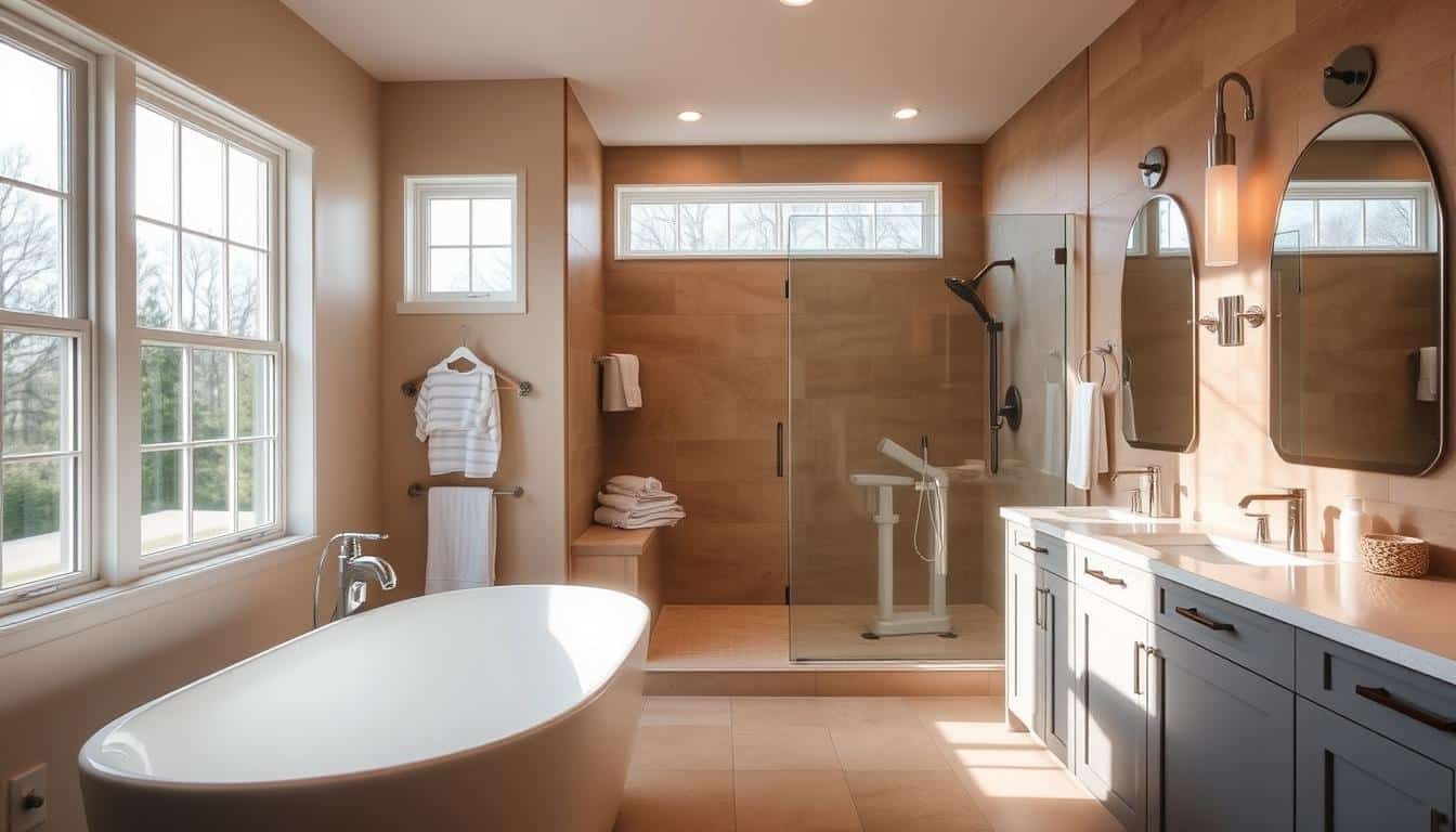 A stylish bathroom in a Michigan home, filled with natural light from large windows. The foreground features a modern freestanding bathtub with elegant fixtures, complemented by sleek vanity cabinets and a minimalist sink. The middle ground showcases a spacious shower enclosure with a rainfall showerhead. The background is dominated by warm-toned natural stone tiles, creating a soothing and spa-like ambiance. Soft, diffused lighting illuminates the space, enhancing the luxurious and serene atmosphere. The composition captures the perfect balance of functionality and aesthetic appeal, making it an essential feature in any dream bathroom design. - Bathroom Design Company Lansing MI