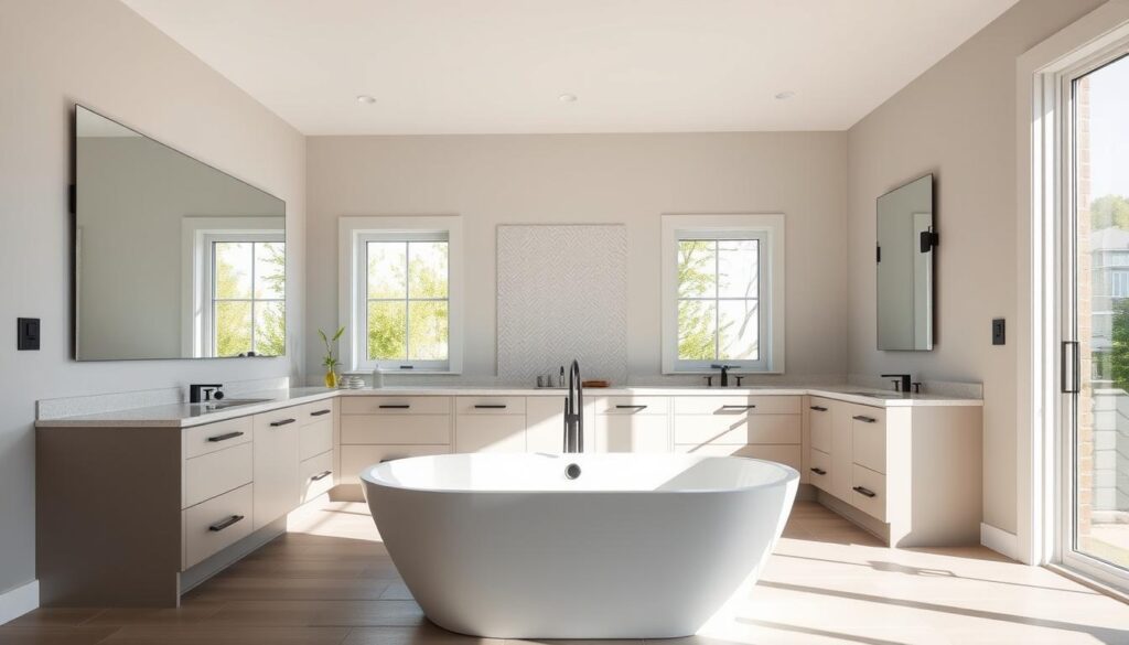 A sun-drenched bathroom interior with a modern, minimalist design aesthetic. In the foreground, a sleek, freestanding bathtub is the central focus, complemented by a large, frameless mirror that reflects the natural light streaming in through the large windows. The middle ground features contemporary vanity units with clean lines and a neutral color palette, accented by matte black hardware. The background showcases a tiled wall in a subtle herringbone pattern, adding texture and visual interest to the space. The overall atmosphere is one of serenity and relaxation, with a sense of high-end sophistication that would appeal to homeowners in Holt, Michigan.
