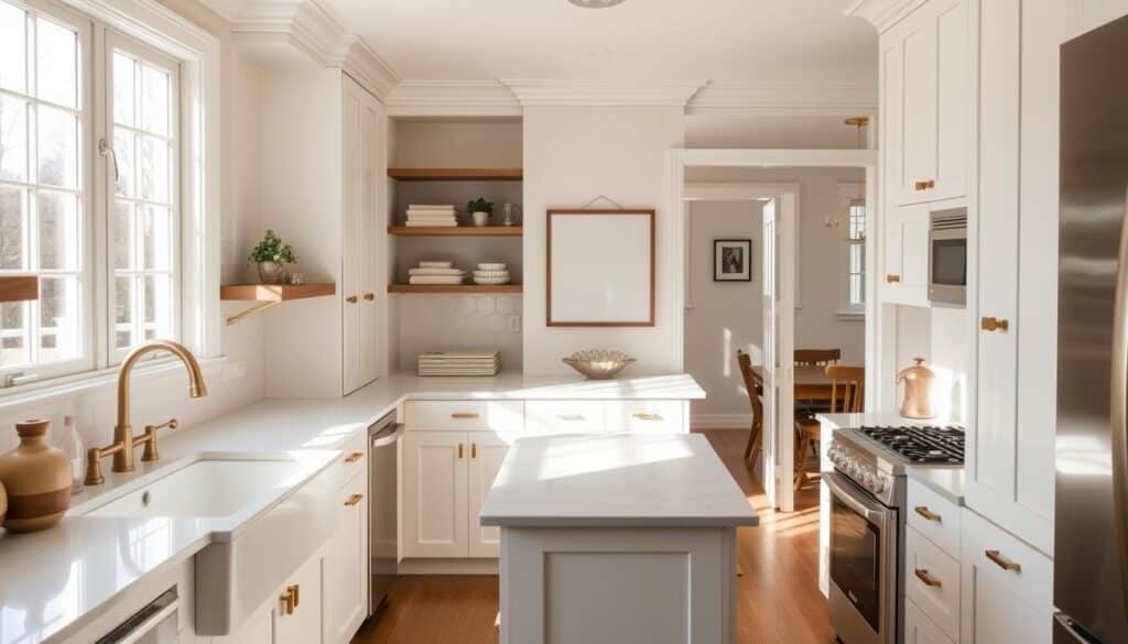 A warm, inviting kitchen in a traditional American home, featuring custom white cabinetry with brass hardware, quartz countertops, and a farmhouse-style sink. The room is bathed in natural light from large windows, casting a soft glow on the space. A small dining nook with a rustic wood table and chairs sits in the corner, creating a cozy atmosphere. Stainless steel appliances blend seamlessly with the design, while a mix of open shelving and closed storage optimizes the compact layout. Subtle pops of color, such as a decorative vase or artwork, add personality to the space. The overall aesthetic is one of timeless elegance and functionality, reflecting the design expertise of American Home.
