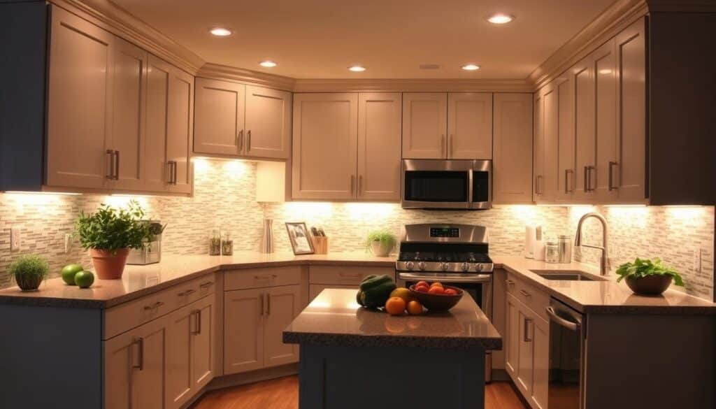 a warm, inviting kitchen with a range of under-cabinet lighting solutions, illuminating the countertops and backsplash. The lighting is a mix of soft, diffused overhead fixtures and targeted task lighting, creating a balanced, functional illumination. The kitchen features sleek, modern cabinetry in a neutral color palette, complemented by stainless steel appliances. Herbs and fresh produce are artfully arranged on the countertops, adding pops of color and a sense of homeliness. The overall atmosphere is one of culinary inspiration and comfortable sophistication, perfect for a local kitchen and bath design partner.