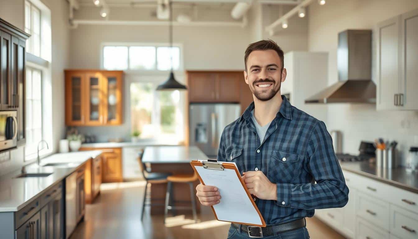 A welcoming kitchen renovation showroom with natural lighting shining through large windows, displaying a variety of cabinet styles, countertops, and appliances. In the foreground, a friendly contractor stands ready to greet potential clients, offering a warm smile and a clipboard with estimate forms. The middle ground showcases various design options, while the background features a clean, modern aesthetic with minimal distractions, inviting visitors to envision their dream kitchen. - kitchen remodeling contractor Lansing MI