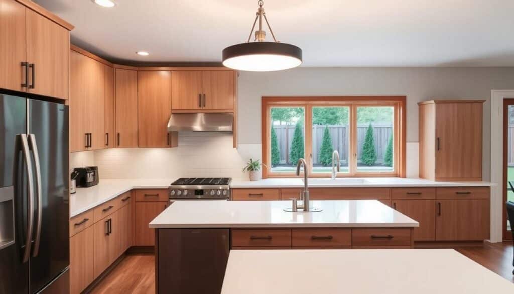 A well-designed, affordable kitchen remodel in Holt, Michigan. The foreground features sleek, modern cabinets in a light wood tone, complemented by stainless steel appliances and a minimalist, white countertop. In the middle ground, a large, pendant light fixture casts a warm, ambient glow, illuminating the space. The background showcases a large window, allowing natural light to flood the room and providing a view of a neatly landscaped backyard. The overall atmosphere is one of clean, contemporary elegance, reflecting the homeowner's desire for a functional yet stylish kitchen update. The scene is captured with a wide-angle lens, emphasizing the spaciousness and flow of the remodeled space.