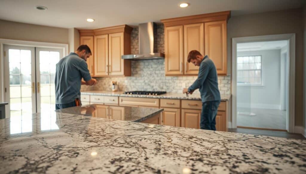 A well-lit, high-resolution image of a granite countertop installation in progress at a residential property in Holt, Michigan. The foreground shows a team of skilled technicians meticulously measuring, cutting, and securing the premium granite slab onto the kitchen cabinetry. The middle ground captures the seamless integration of the granite with the surrounding fixtures and finishes, highlighting the natural beauty and durability of the material. The background subtly suggests a spacious, modern kitchen layout with ample natural lighting streaming in through large windows. The overall scene conveys a sense of professionalism, attention to detail, and the quality craftsmanship associated with premium granite countertop installations.