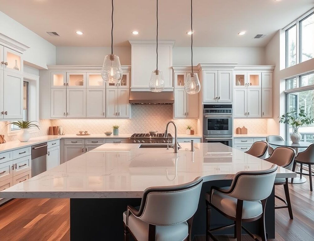kitchen renovation services Lansing, a bright and airy workspace with a focus on modern design and functional efficiency. In the foreground, a sleek kitchen island with elegant seating invites conversation and collaboration. The middle ground showcases custom cabinetry, gleaming countertops, and state-of-the-art appliances, all seamlessly integrated for a cohesive, high-end aesthetic. The background features large windows, allowing natural light to flood the space and create a warm, welcoming ambiance. The scene is captured with a wide-angle lens, emphasizing the overall spaciousness and attention to detail in this exceptional kitchen renovation service.