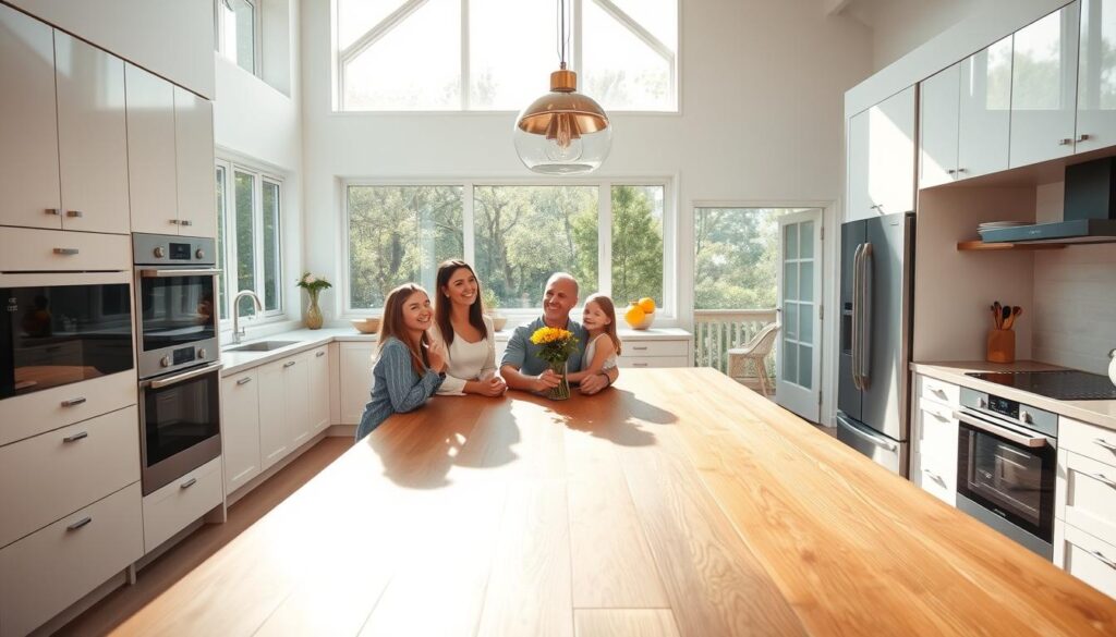 Spacious and bright kitchen interior with modern appliances and sleek cabinetry. Sunlight floods through large windows, casting a warm glow over the clean, minimalist design. A happy family gathers around a sturdy wooden table, smiling and engaged in conversation. The room exudes a sense of comfort and homeliness, showcasing the high-quality craftsmanship and attention to detail of the kitchen renovation services. An expansive island countertop provides ample prep space, while strategically placed pendant lights illuminate the space. The overall atmosphere evokes a sense of pride and satisfaction, capturing the successful transformation of a once outdated kitchen into a dream space.